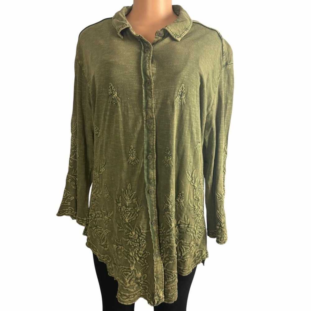 Caite Olive Green Handmade Embroidered Button Down Top